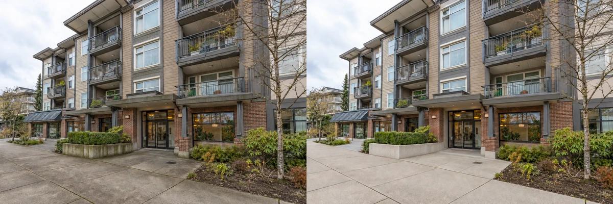 Illustration of a strata building with staining on exterior surfaces and walkways before cleaning. Illustration of a strata building with clean exterior surfaces and walkways after cleaning.